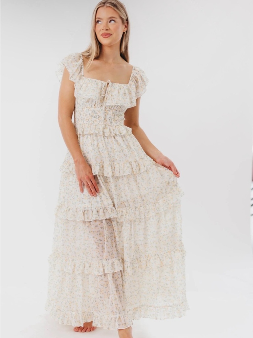 Worth Collective Astrid Ruffle Maxi Dress in Yellow Floral - Bump-friendly